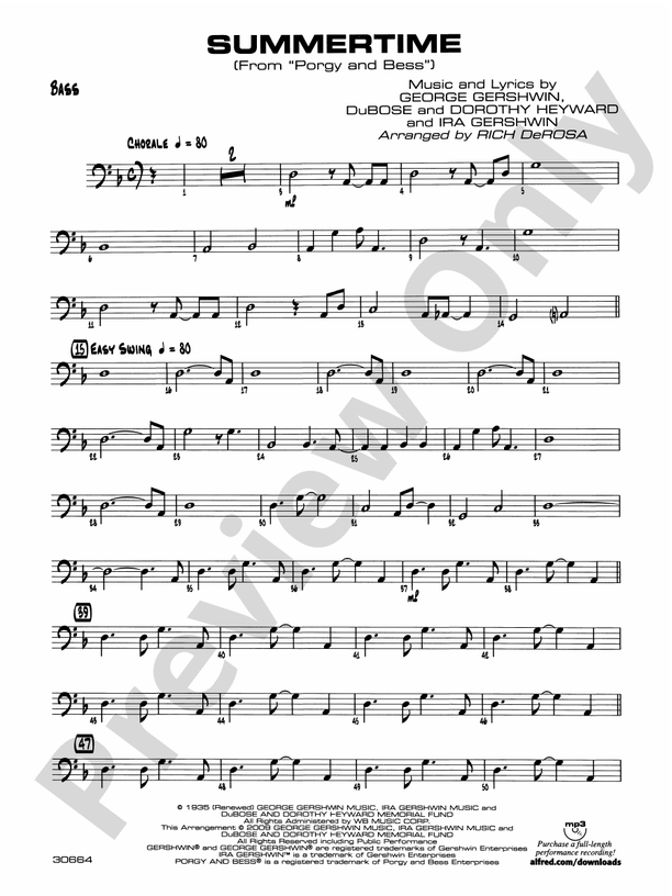 Summertime String Bass String Bass Part Digital Sheet Music Download
