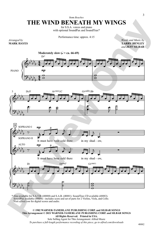 The Wind Beneath My Wings SSA Choral Octavo Larry Henley Digital