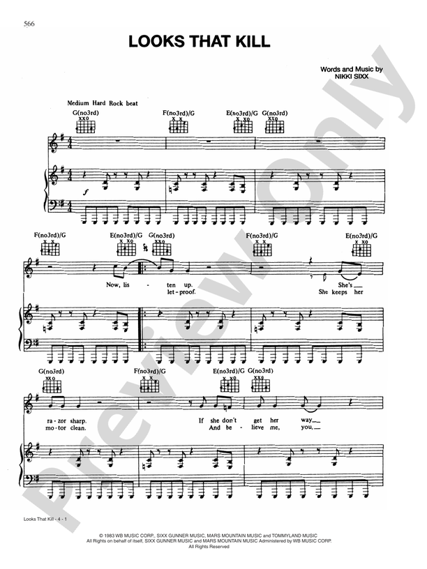Looks That Kill Piano/Vocal/Chords Mötley Crüe Digital Sheet Music