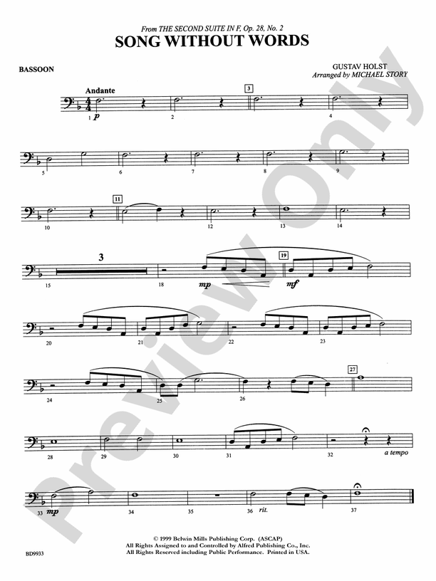 Song Without Words Bassoon Bassoon Part Digital Sheet Music Download