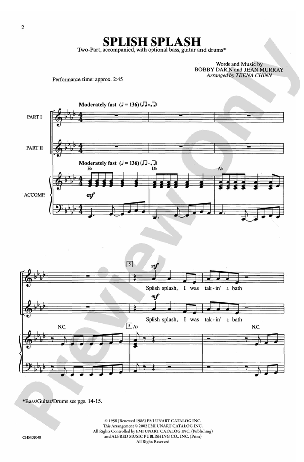 Splish Splash 2Part Choral Octavo Bobby Darin Digital Sheet Music