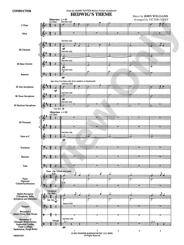Hedwig's Theme (from Harry Potter) Concert Band Conductor Score