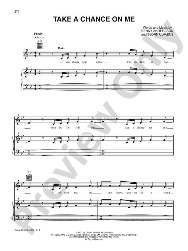 Take A Chance On Me Piano/Vocal/Chords ABBA Digital Sheet Music
