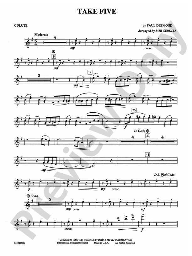 Take Five Flute Flute Part Digital Sheet Music Download