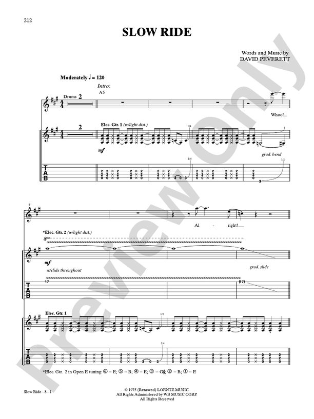 Slow Ride Guitar Foghat Digital Sheet Music Download