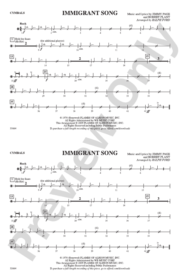 Immigrant Song Cymbals Cymbals Part Digital Sheet Music Download