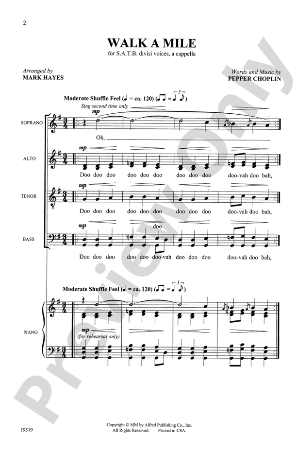 Walk a Mile SATB divisi, a cappella Choral Octavo Pepper Choplin