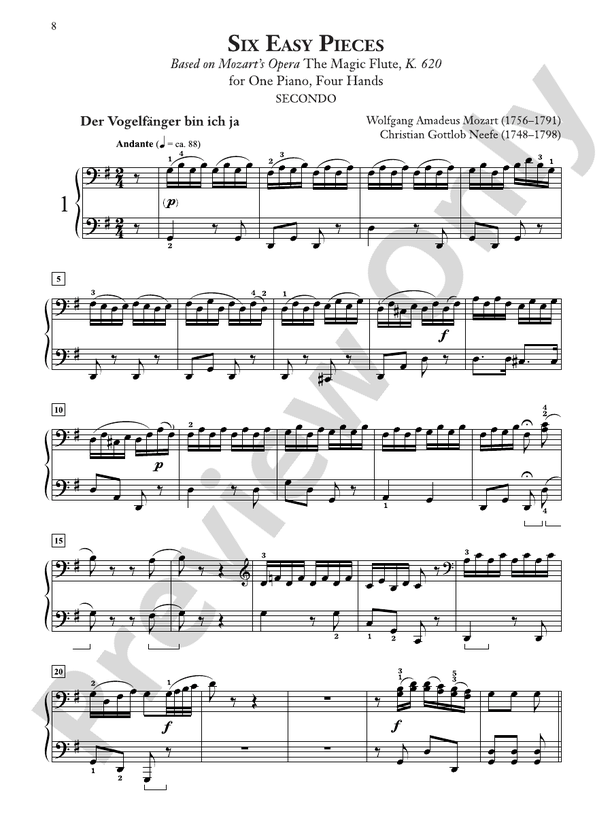 Mozart/Neefe Six Easy Pieces for One Piano, Four Hands Based on