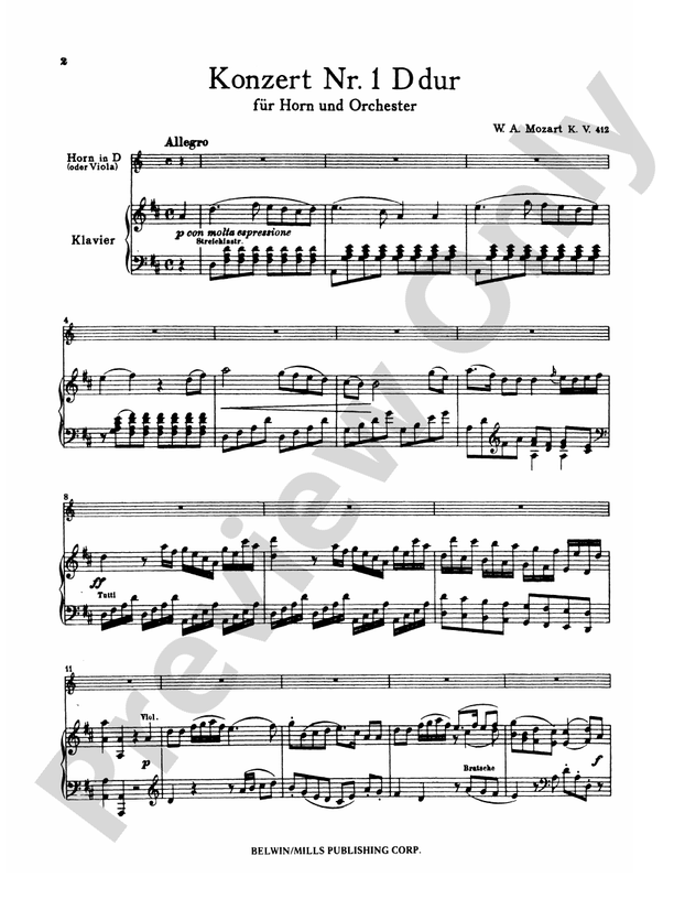 Mozart Concerto No. 1 in D Major, K. 412 French Horn Part(s