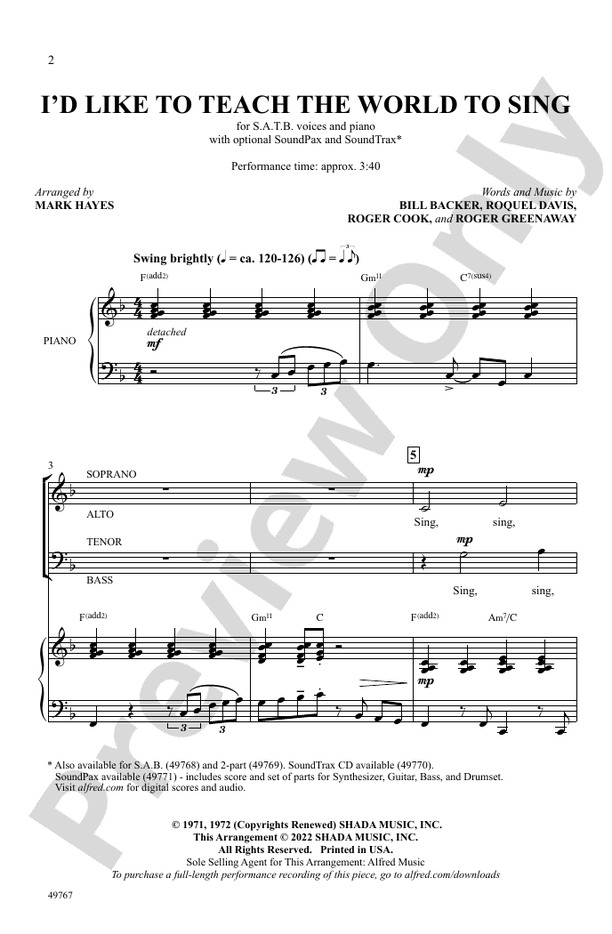 I'd Like to Teach the World to Sing SATB Choral Octavo Bill Backer