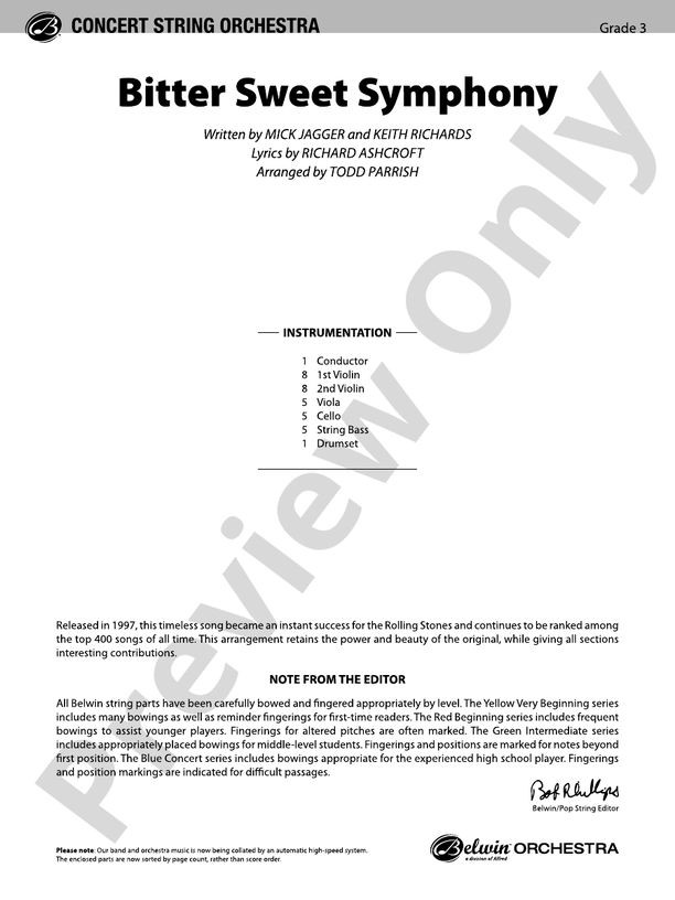 Bitter Sweet Symphony String Orchestra Conductor Score & Parts The