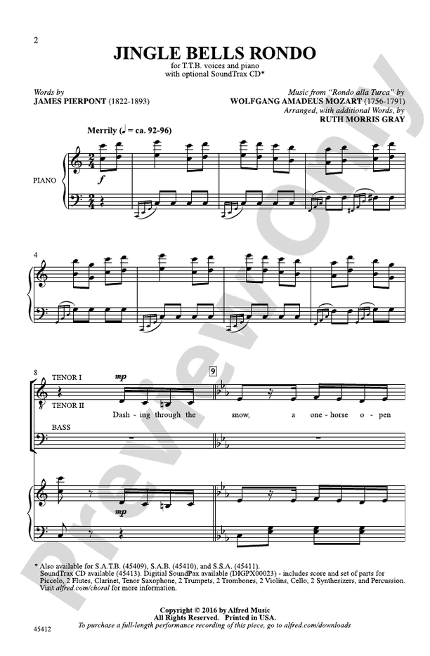 Jingle Bells Rondo TTB Choral Octavo Wolfgang Amadeus Mozart