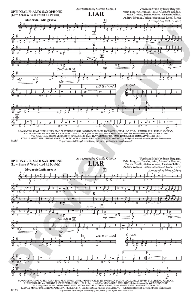 Liar Optional Alto Sax Optional Alto Sax Part Digital Sheet Music