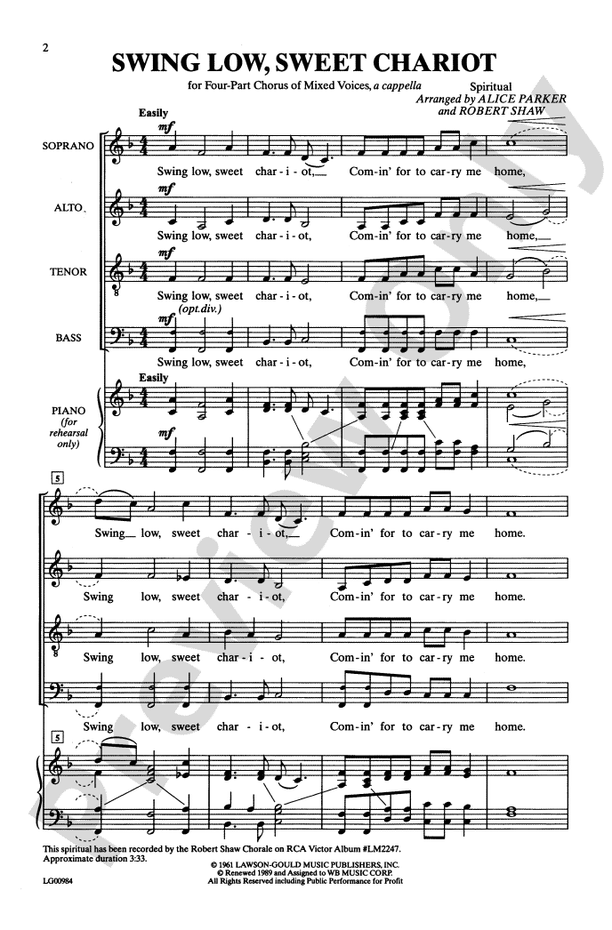 Swing Low, Sweet Chariot SATB Choral Octavo Digital Sheet Music Download