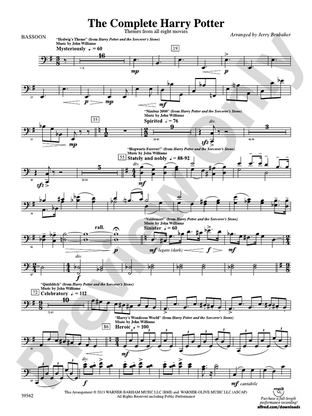 The Complete Harry Potter Bassoon Bassoon Part Digital Sheet Music