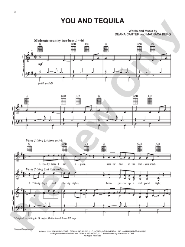 You and Tequila Piano/Vocal/Guitar Kenny Chesney Digital Sheet