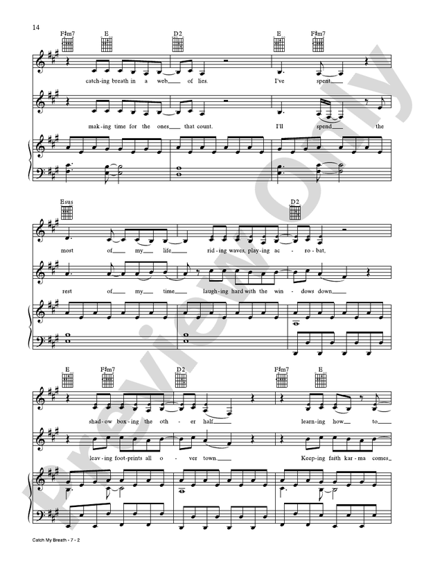 Catch My Breath Piano/Vocal/Guitar Kelly Clarkson Digital Sheet