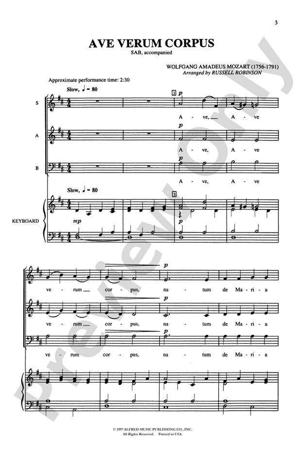 Ave Verum Corpus SAB Choral Octavo Wolfgang Amadeus Mozart Digital