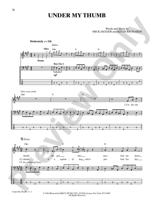 Under My Thumb Bass Guitar The Rolling Stones Digital Sheet Music