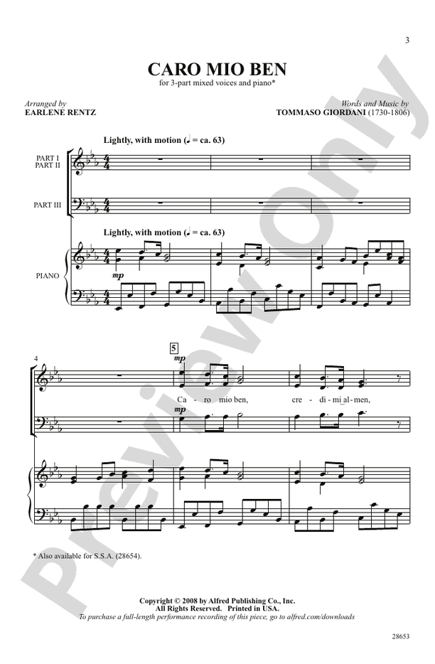 Caro Mio Ben 3Part Mixed Choral Octavo Tommaso Giordani Digital
