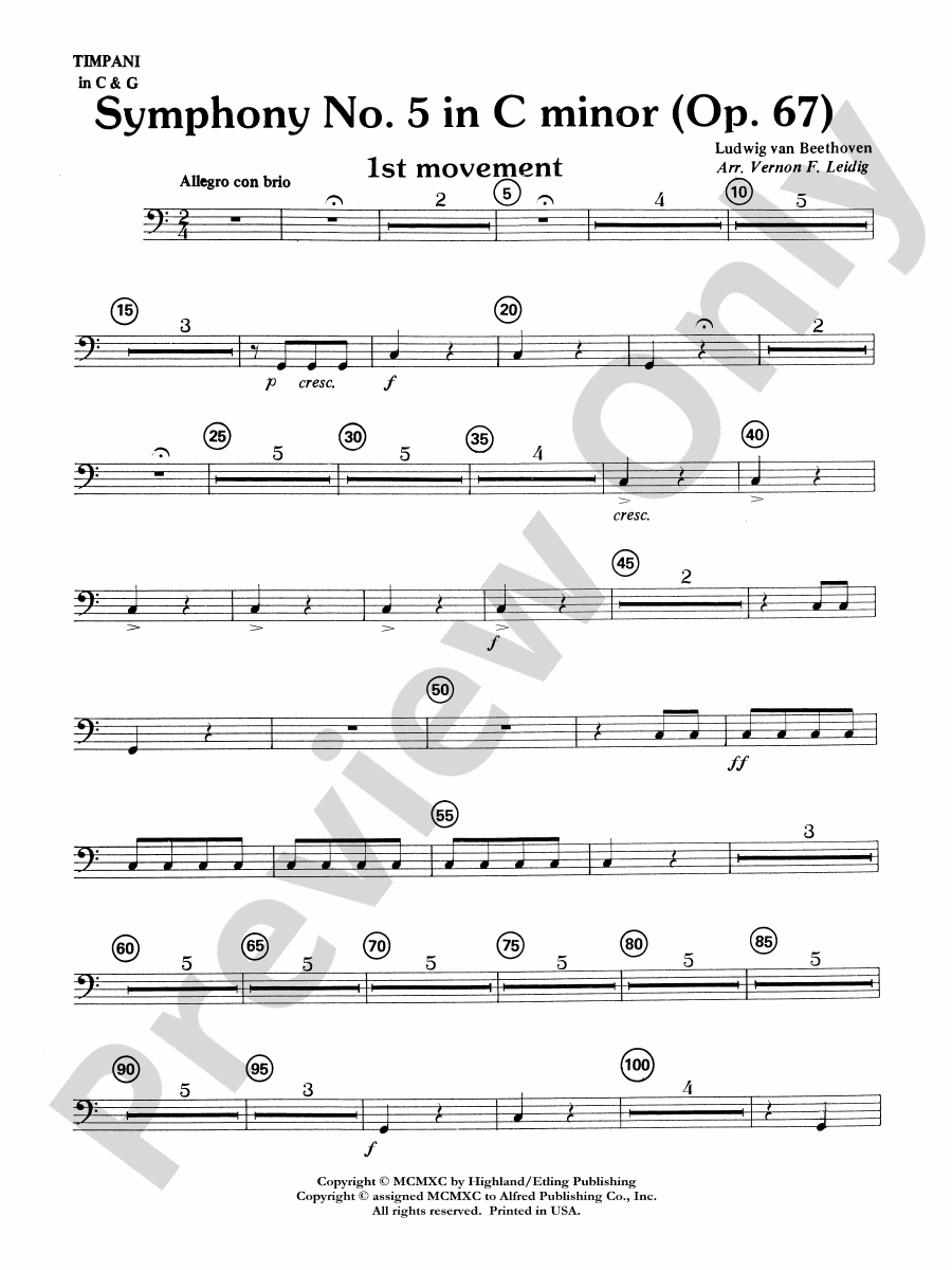 Beethoven's Symphony No. 5, 1st Movement Timpani Timpani Part Digital Sheet Music Download