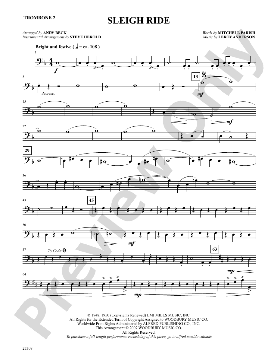Sleigh Ride 2nd Trombone 2nd Trombone Part Digital Sheet Music Download