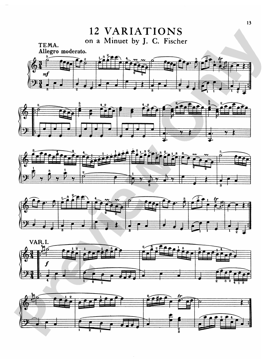 Mozart Variations, Complete 12 Variations on a Minuet by Fischer, K. 179 Part Digital Sheet