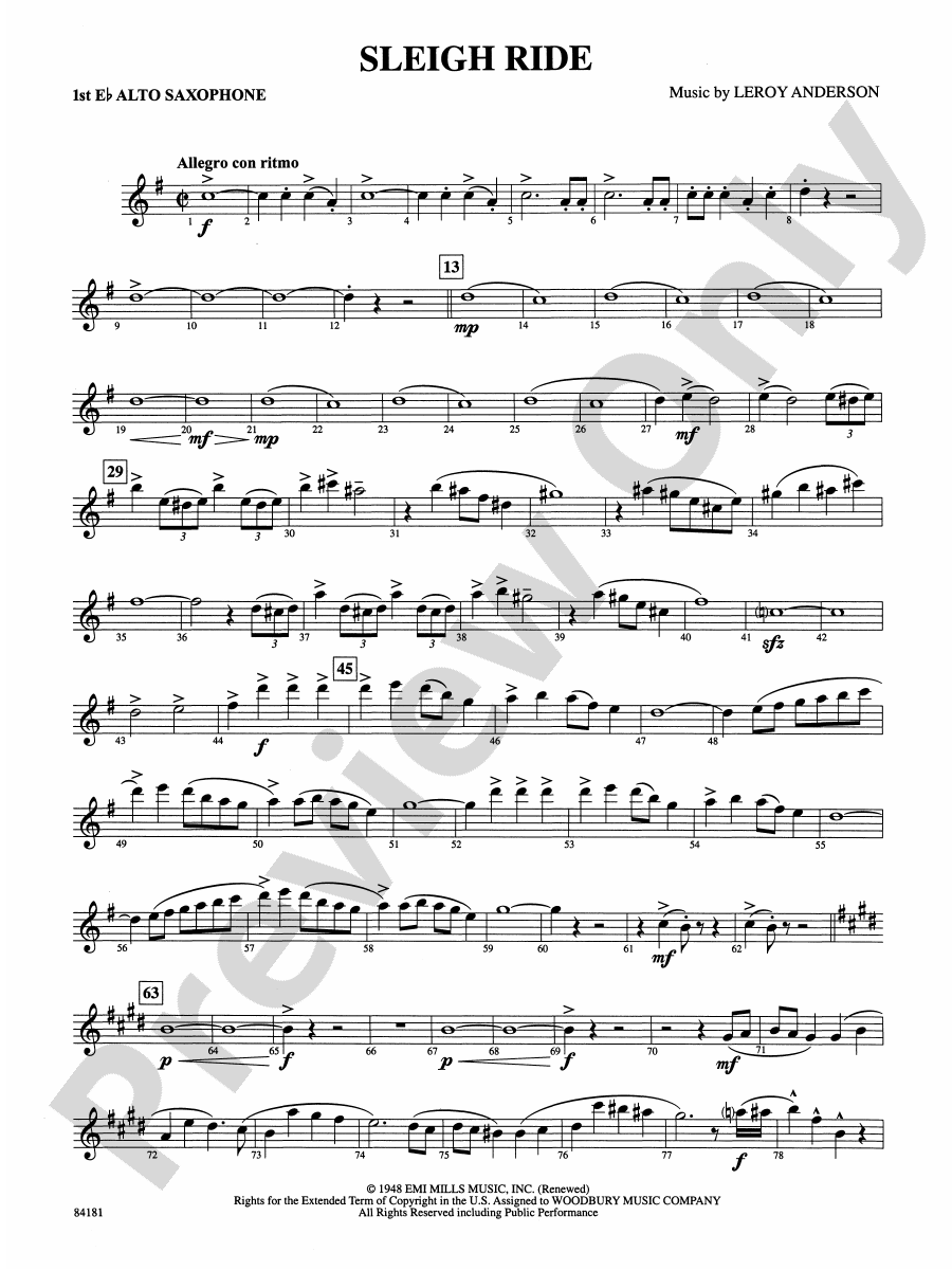 Sleigh Ride Eflat Alto Saxophone Eflat Alto Saxophone Part