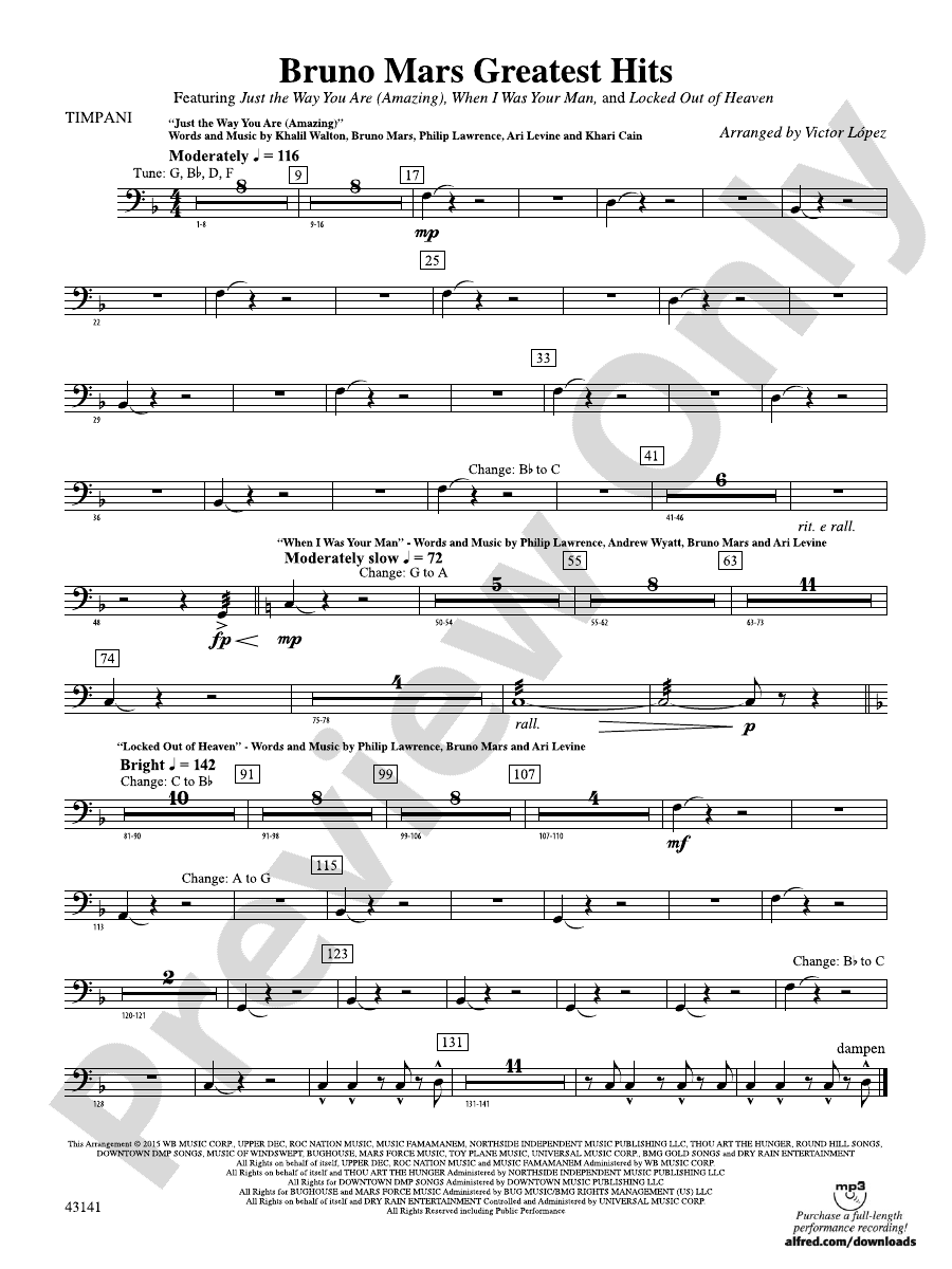 Bruno Mars Greatest Hits Timpani Timpani Part Digital Sheet Music