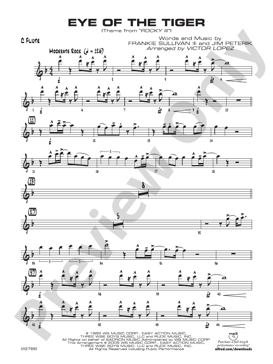 Eye of the Tiger Flute Flute Part Digital Sheet Music Download