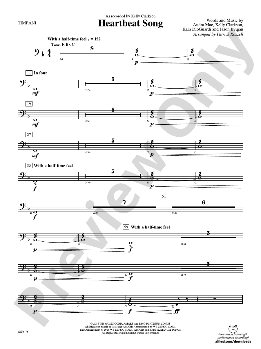 Heartbeat Song Timpani Timpani Part Digital Sheet Music Download
