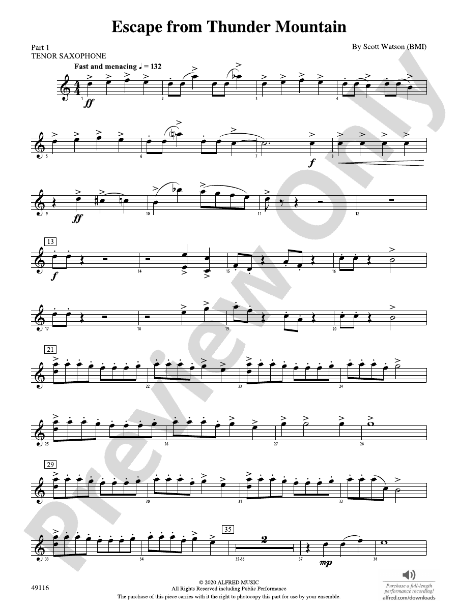 Escape from Thunder Mountain Part 1 Tenor Saxophone Part 1 Tenor
