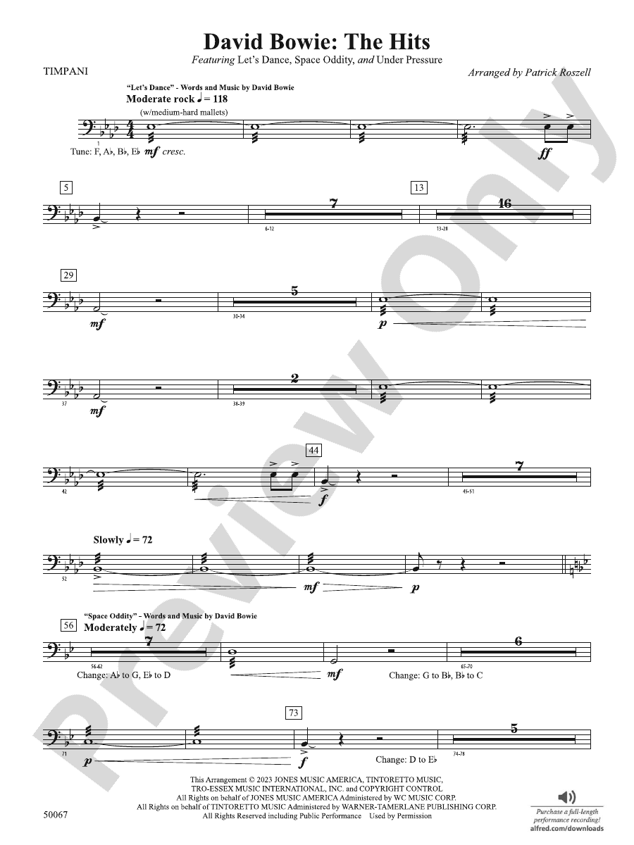 David Bowie The Hits Timpani Timpani Part Digital Sheet Music Download