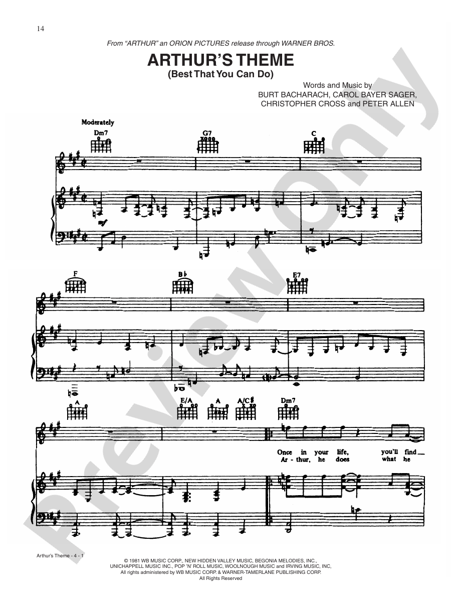 Arthur's Theme (Best That You Can Do) Piano/Vocal/Chords Christopher Cross Digital Sheet