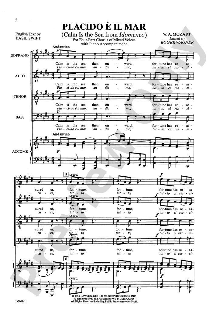Placido e il mar (Calm Is the Sea) SATB Choral Octavo Wolfgang