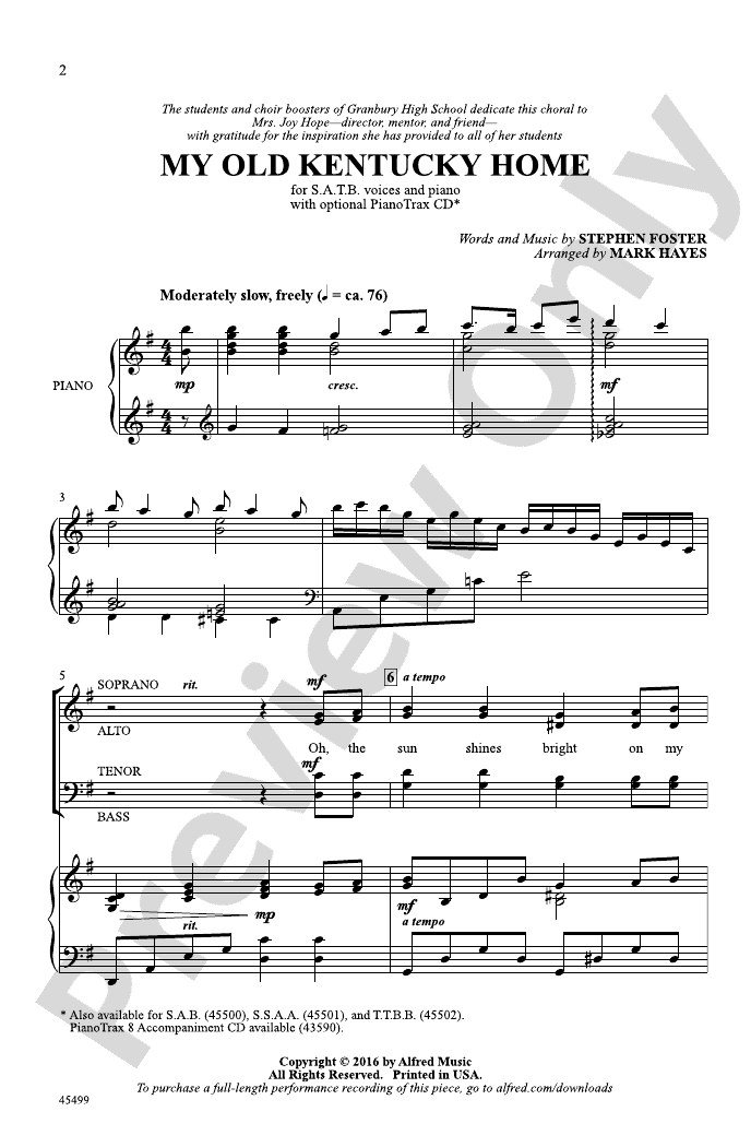 My Old Kentucky Home SATB Choral Octavo Stephen Foster Digital