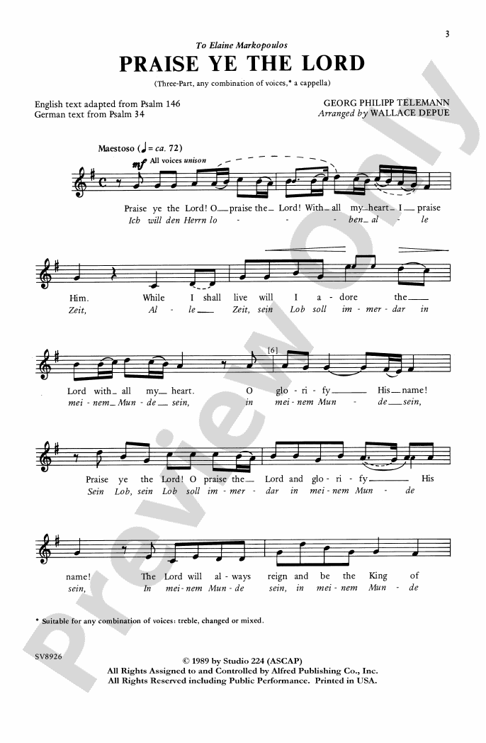 Praise Ye the Lord 3Part (any combination of voices), a cappella