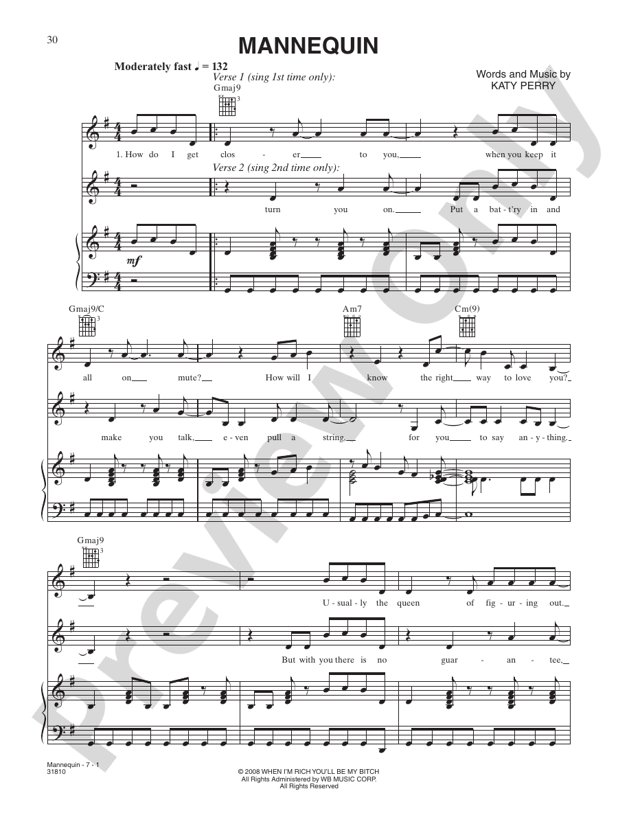 Mannequin Piano/Vocal/Chords Katy Perry Digital Sheet Music Download