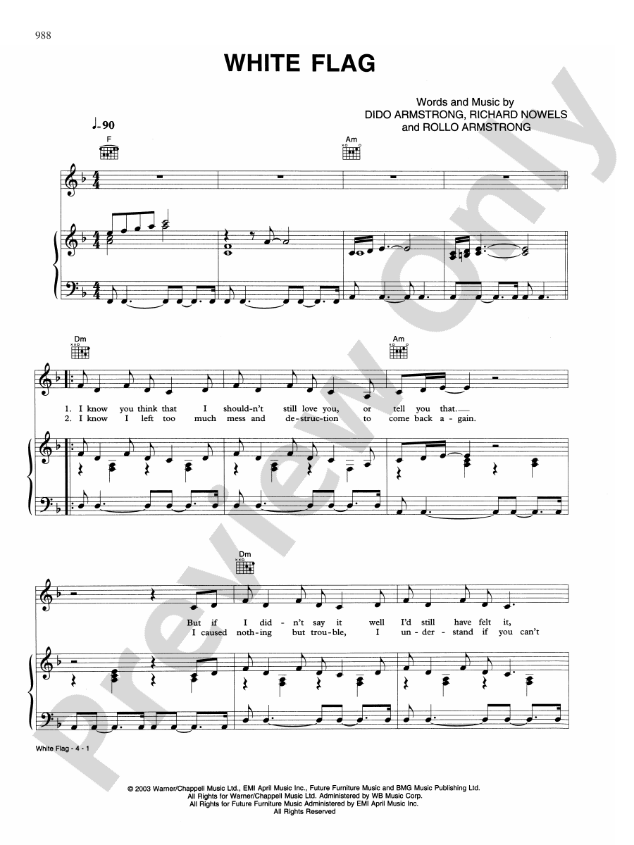 White Flag Piano/Vocal/Chords Dido Digital Sheet Music Download
