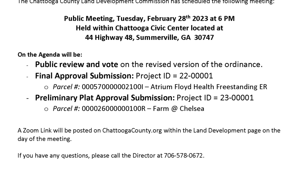 Chattooga County Land Development Commission Meeting to be held Feb. 28