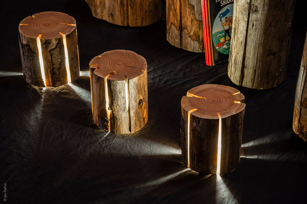 Illuminated Cracked Log Lamps by Blind Tasmanian Artist Duncan Meerding