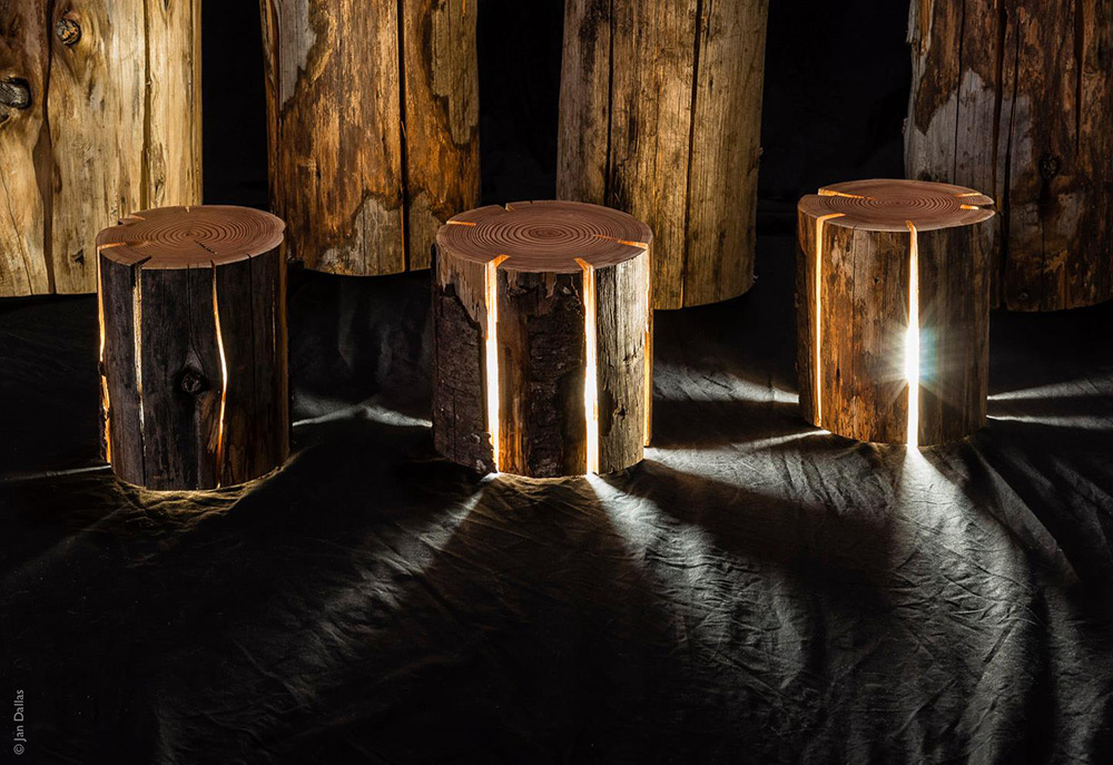 Illuminated Cracked Log Lamps by Blind Tasmanian Artist Duncan Meerding