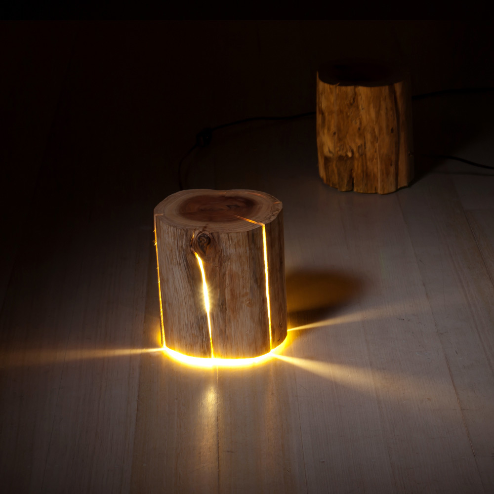 Illuminated Cracked Log Lamps by Blind Tasmanian Artist Duncan Meerding