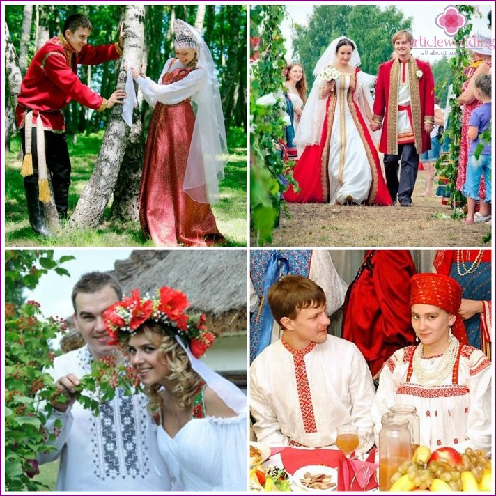 ロシアの民俗結婚式の衣装写真の新郎新婦の写真