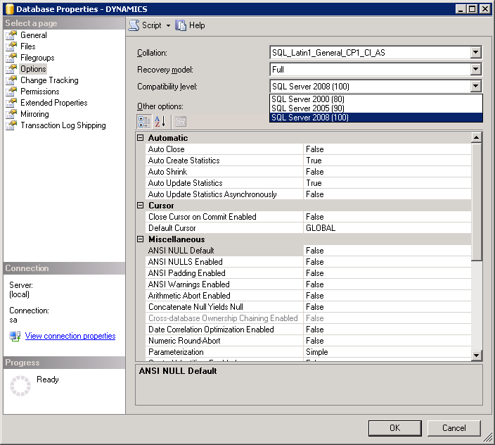 Installing Microsoft Dynamics GP 2010 R2 Database Compatibility Issue