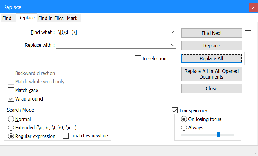 Notepad++ Find and Replace numbers in square brackets azurecurve