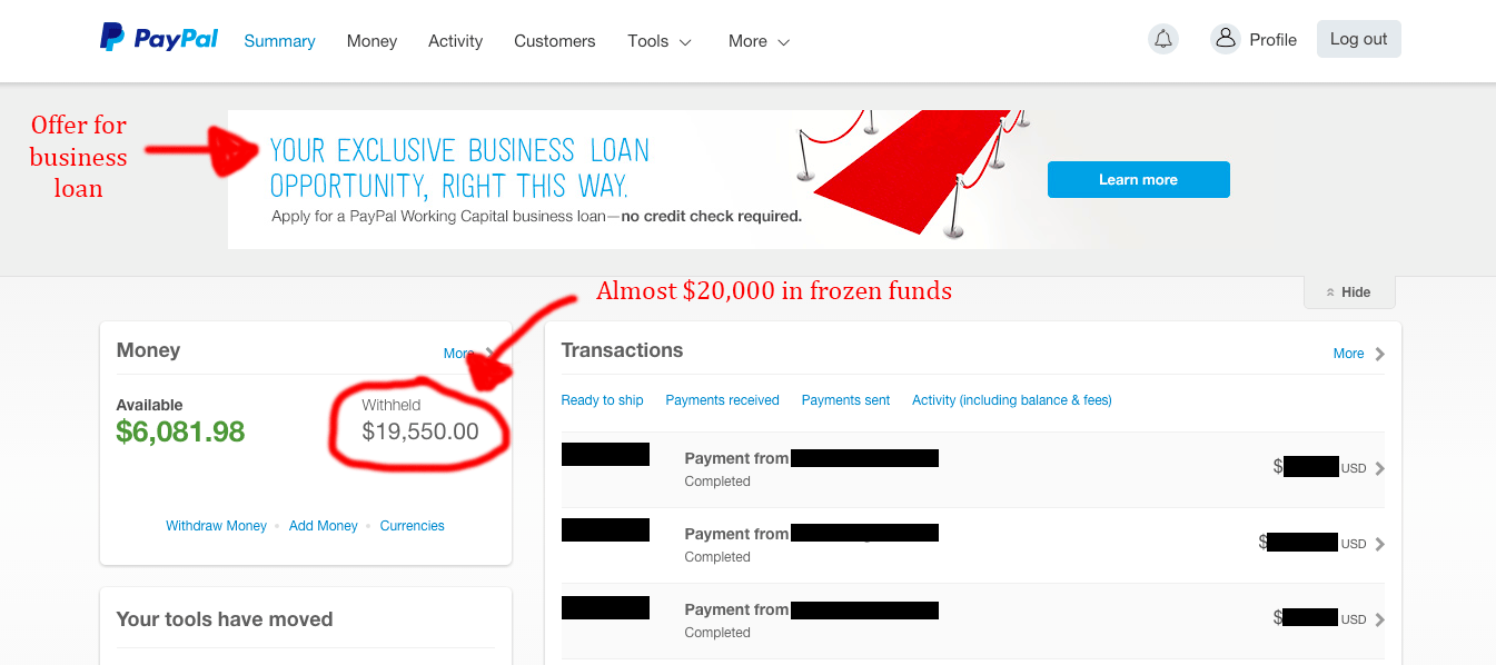 A startup founder claims PayPal froze his funds then offered him a loan