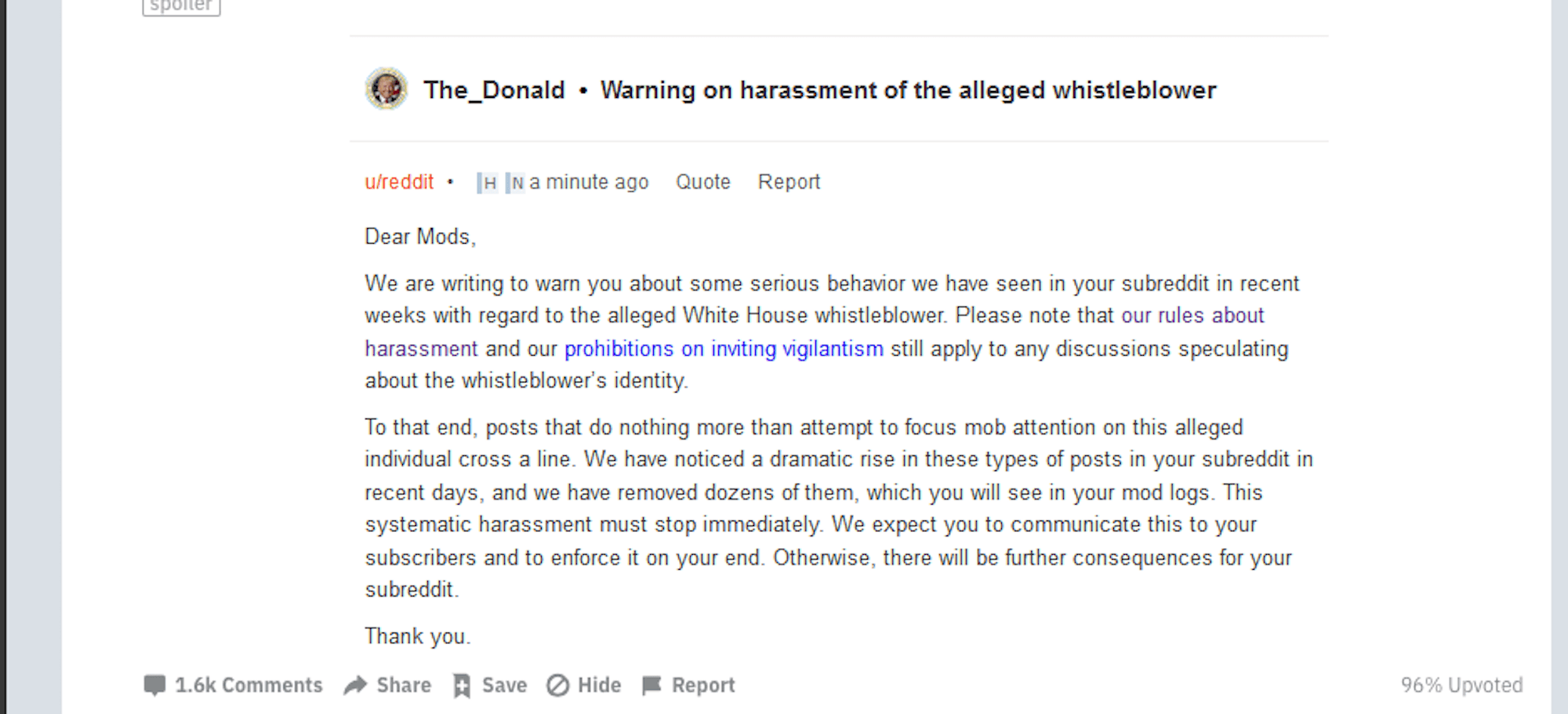 Reddit told members of its proTrump subreddit r/TheDonald to stop