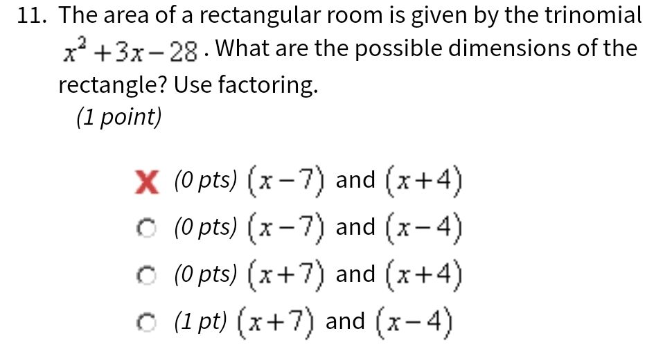 The area of a rectangular room is given by the trinomial x^2+3x28 . What are the possible