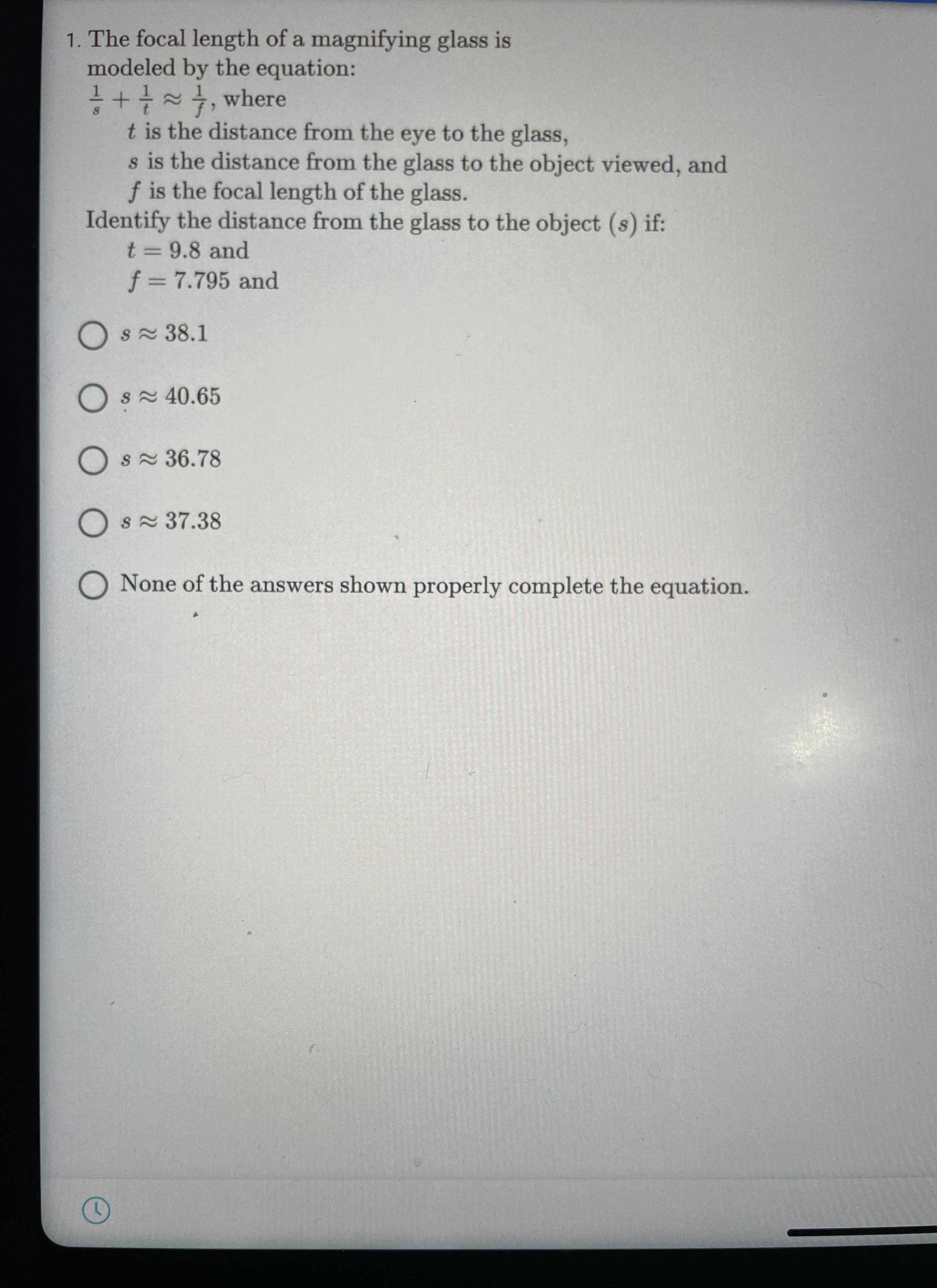 The focal length of a magnifying glass is modeled CameraMath